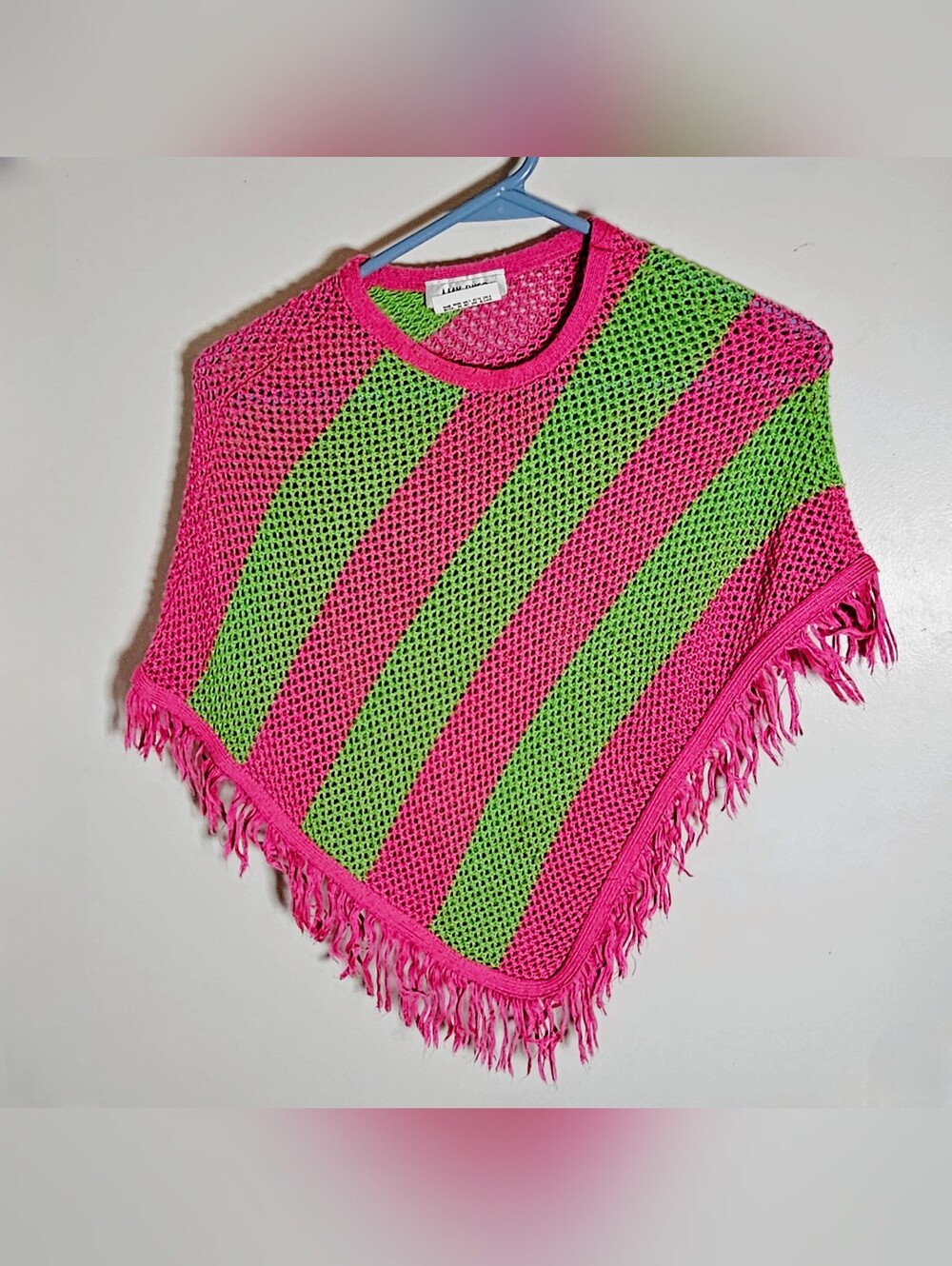Vintage A Byer Neon Pink Lime Green Striped Mesh Knit Fringe Poncho - Girls OSFM